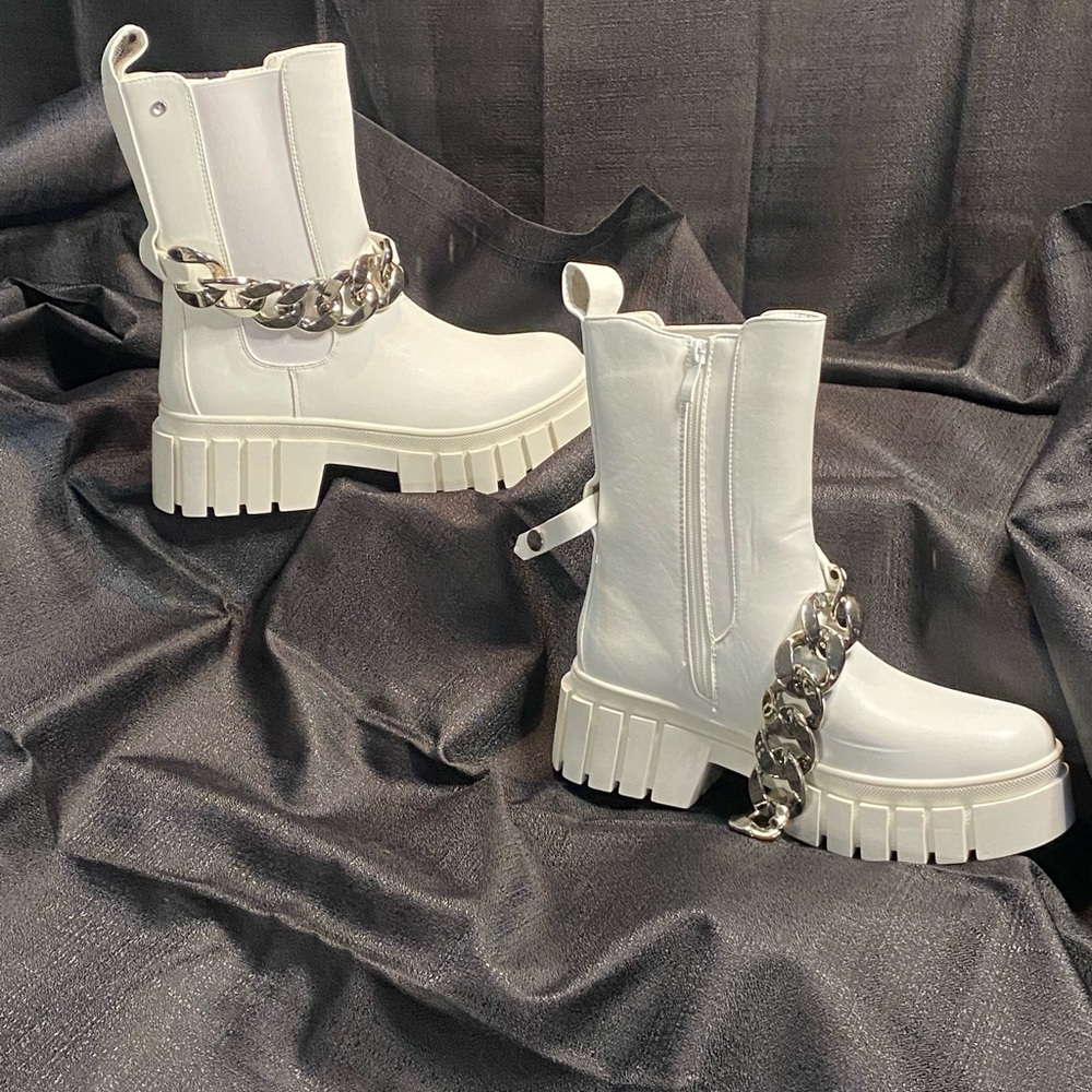 White Chunky Chain Ankle Boots - Picture 7 of 7
